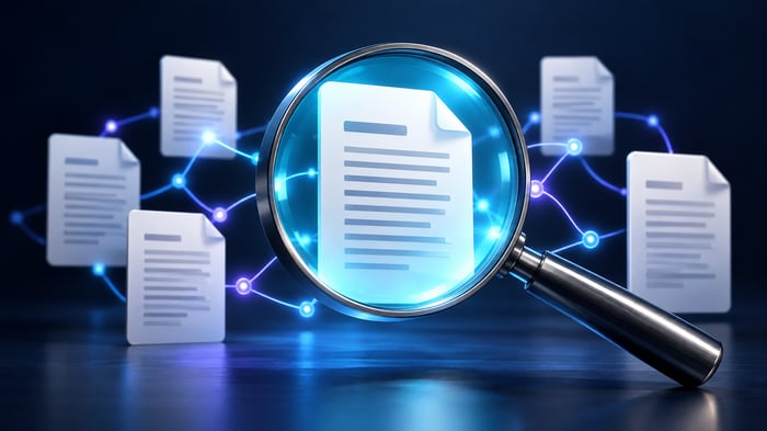 Lupa sobre documentos conectados por una red luminosa, en una ilustración sobre SEO e inteligencia artificial generativa.