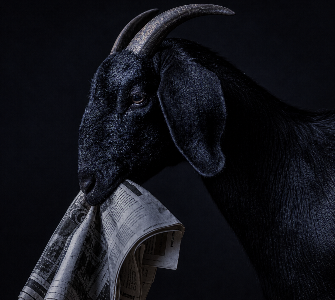 Dark Realistic Goat Eating Newspapers Wide1-1