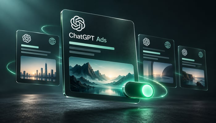 Ilustración de anuncios de ChatGPT Ads con variantes de contenido y un interruptor de automatización activado.
