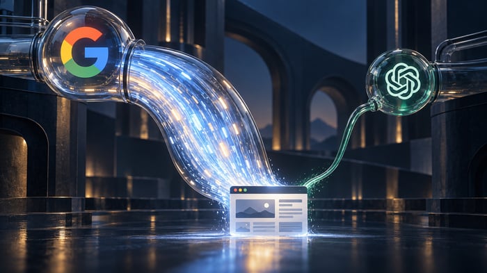 Ilustración de los flujos de tráfico de Google y ChatGPT hacia un sitio web.