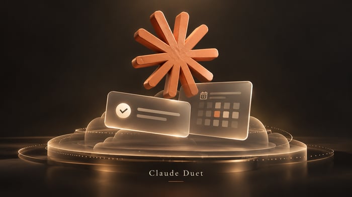 Ilustración de Claude Duet con tarjetas de tareas y calendario sobre una plataforma en la nube.