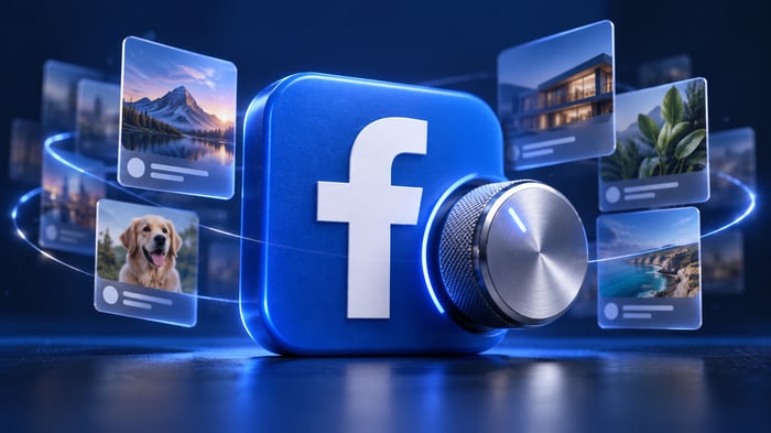 Ilustración de Facebook con un dial de ajuste y tarjetas de contenido que representa la personalización de recomendaciones.