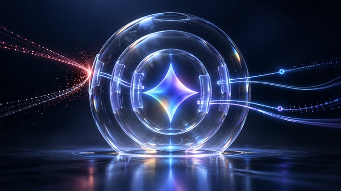 Ilustración del símbolo de Gemini rodeado por tres capas transparentes de protección que filtran trayectorias luminosas.
