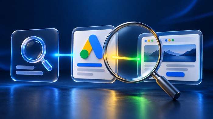 Ilustración de búsquedas, anuncios de Google Ads y páginas de destino conectados bajo una lupa de auditoría.