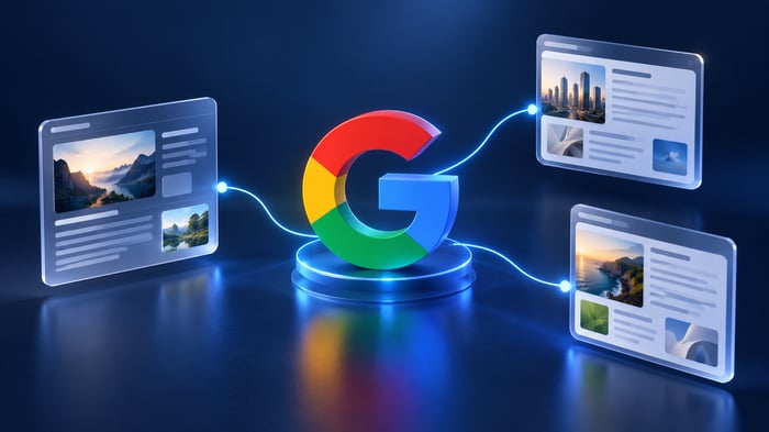 Ilustración del símbolo de Google conectado con páginas web para representar los nuevos enlaces de AI Mode y AI Overviews.