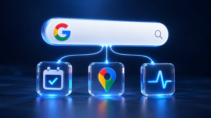 Ilustración de Google Search conectado con reservas, ubicación y seguimiento de información mediante agentes de IA.