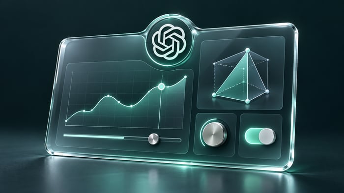 Ilustración de una interfaz de cristal con el emblema de OpenAI, un gráfico interactivo, un diagrama geométrico y controles en tonos verde azulado.