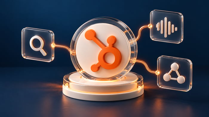 Ilustración del símbolo naranja de HubSpot conectado con investigación de contactos, notas de reuniones y automatizaciones del CRM.