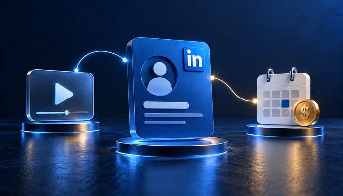 Ilustración de un perfil de LinkedIn conectado con un video y un calendario de consultas pagas.