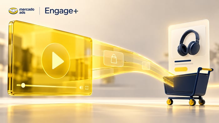 Ilustración de Engage+ de Mercado Ads que conecta un anuncio de video con una página de producto y un carrito de compras.