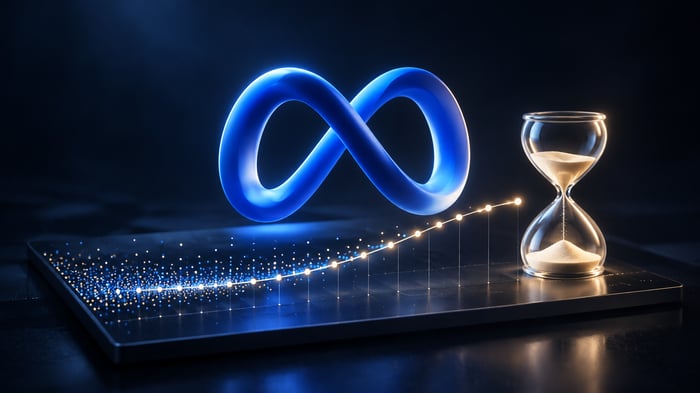 Símbolo de Meta junto a un reloj de arena y una curva de datos, sobre fondo azul oscuro.
