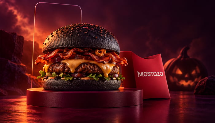 Ilustración editorial de una hamburguesa de pan negro junto a un envase de Mostaza y una calabaza de Halloween.