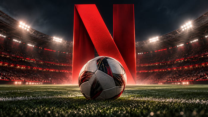 Ilustración editorial de un balón de fútbol frente a la N roja de Netflix en un estadio iluminado.