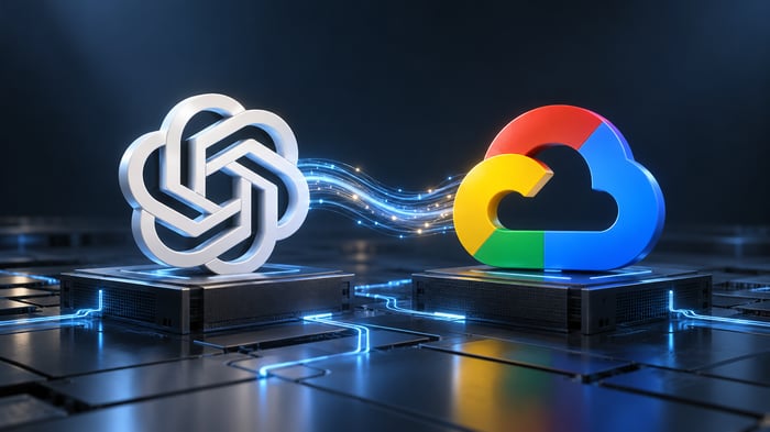 Ilustración de los emblemas de OpenAI y Google Cloud conectados sobre una plataforma tecnológica.