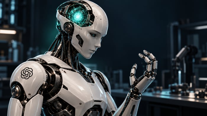 Ilustración conceptual de un robot humanoide con un núcleo de inteligencia artificial y el emblema de OpenAI; no representa un producto presentado por la empresa.