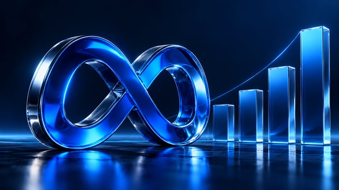Símbolo de Meta junto a barras ascendentes que representan la evolución del precio publicitario.