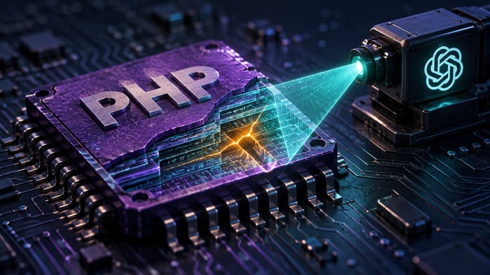 Ilustración editorial de un sistema de OpenAI que analiza un chip PHP y revela una falla de seguridad.