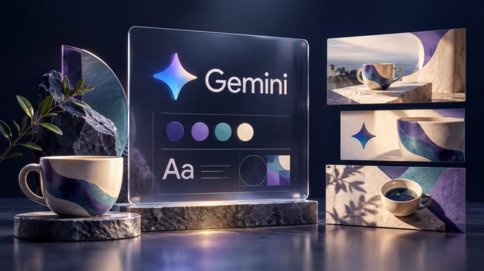 Ilustración de Gemini con una paleta de marca y piezas visuales coherentes para una pequeña empresa.