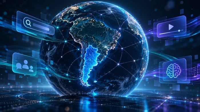 Globo digital con Argentina destacada y símbolos de búsqueda, redes sociales, video e inteligencia artificial