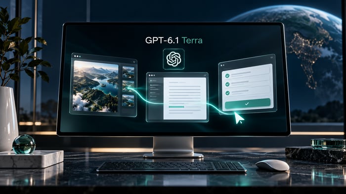 Ilustración de GPT-6.1 Terra conectando interpretación de imágenes, redacción y formularios en una computadora.