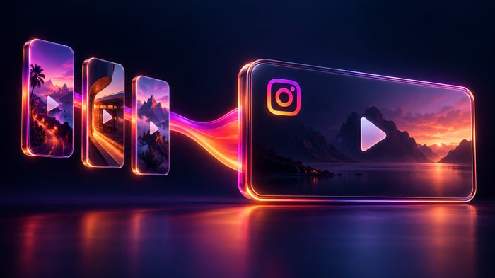 Ilustración de clips verticales de Reels conectados a un reproductor horizontal con el emblema de Instagram.