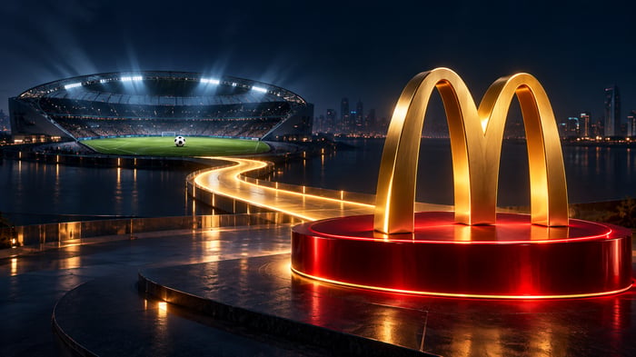 Ilustración editorial de los arcos dorados de McDonald’s y un estadio de fútbol, separados por un camino iluminado.