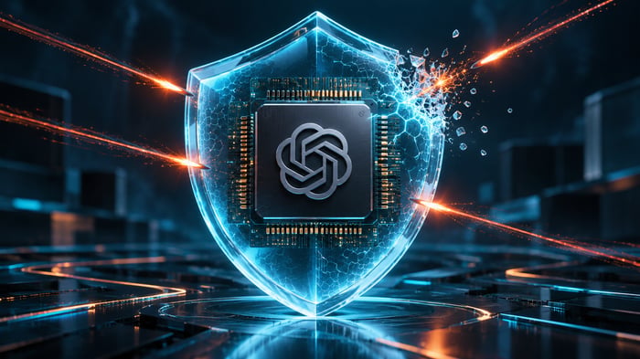 Escudo digital alrededor de un procesador con el emblema de OpenAI, frente a amenazas de ciberseguridad.