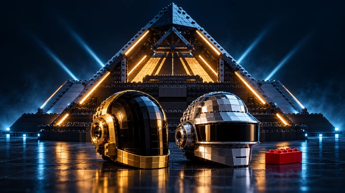 Ilustración editorial de los cascos de Daft Punk frente a una pirámide construida con bloques, con luces azules y doradas.