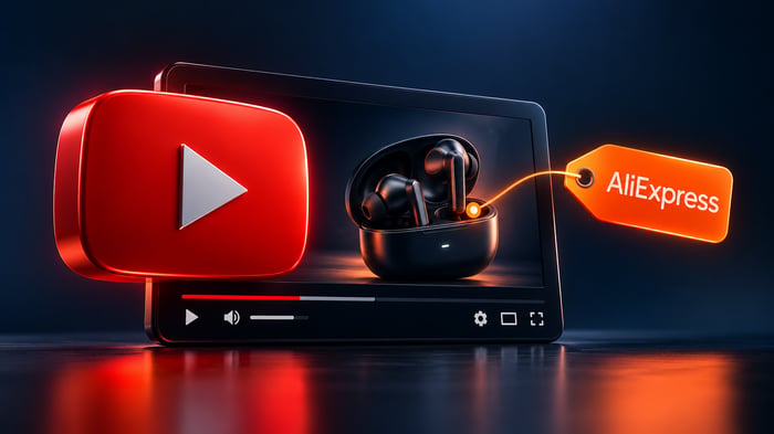Ilustración editorial de YouTube y AliExpress que conecta videos, productos y compras.