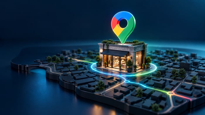 Comercio sobre un mapa urbano con un pin de ubicación y conexiones luminosas que representan la búsqueda local con IA.