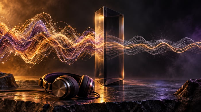 Ilustración conceptual de auriculares y una onda sonora que atraviesa un prisma y se vuelve más tenue y uniforme.