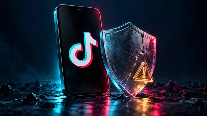 Ilustración de un teléfono con el símbolo de TikTok junto a un escudo agrietado y una señal de advertencia.